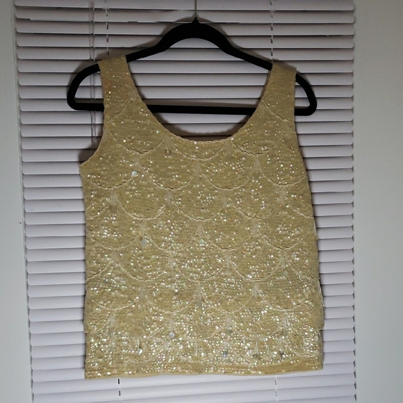 Cream Sequin Embellished Sleeveless Tank Top-1960s - Picture 3 of 13